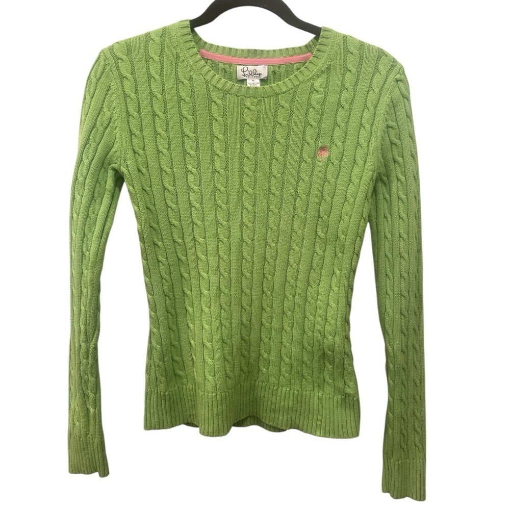 Lilly Pulitzer Green Cable Knit Sweater Pink Palm Tree Sz XS Vintage